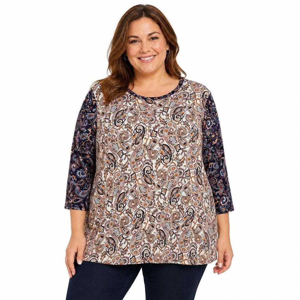 Lands' End Tunic Shirt Womens Large Multicolor Paisley Crew 3/4 Sleeve Top